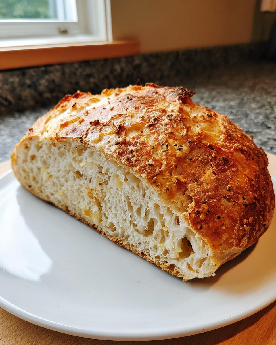 A cross-section of crusty homemade bread showing an open, airy crumb structure on a white plate.