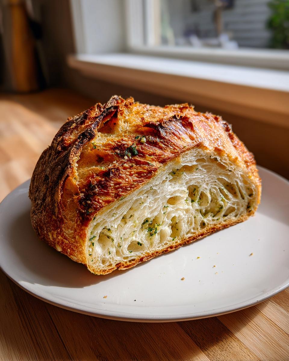 A cross-section of crusty, artisan bread showing an open, airy crumb filled with green herbs, likely garlic bread.