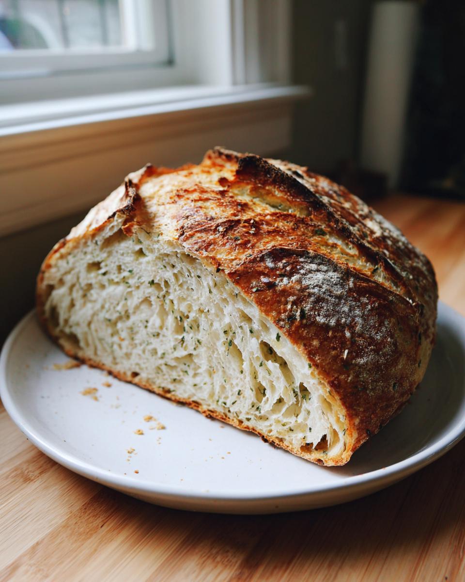 A rustic, crusty loaf of homemade bread, cut in half to show the airy interior flecked with herbs.