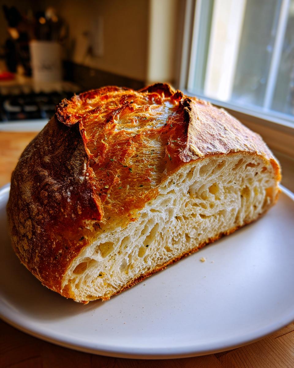 A half loaf of crusty homemade bread showing a beautiful open crumb structure, resting on a white plate.