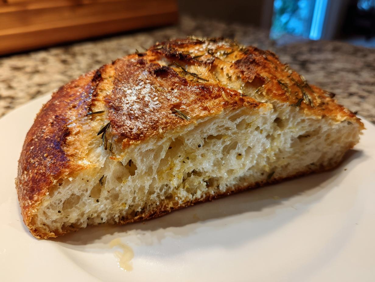 Close-up of a thick slice of crusty bread showing an open, airy crumb texture and rosemary topping.