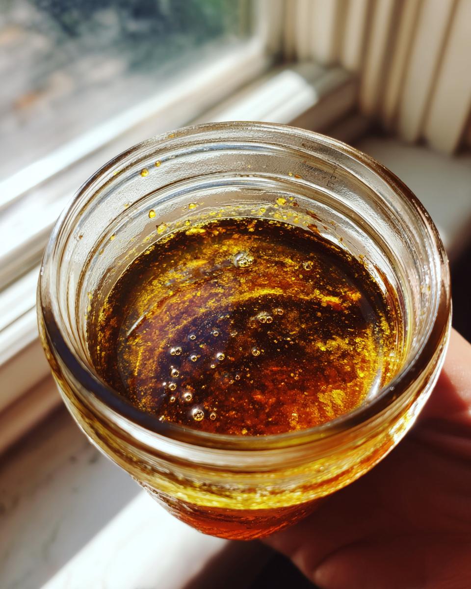 Close-up of a dark, rich homemade salad dressing with golden swirls inside a glass jar.