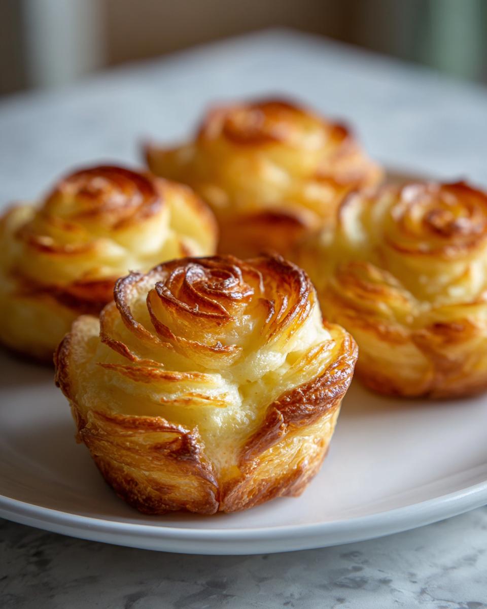 Close-up of four golden-brown, beautifully piped duchess potatoes shaped like roses on a white plate.