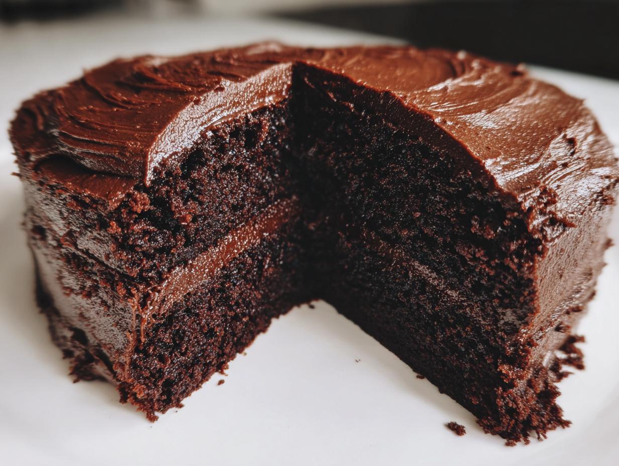 A rich, dark slice removed from a moist homemade chocolate cake covered in glossy chocolate frosting.
