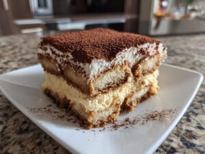 Close-up of a layered slice of tiramisu recipe dessert dusted heavily with cocoa powder on a white plate.