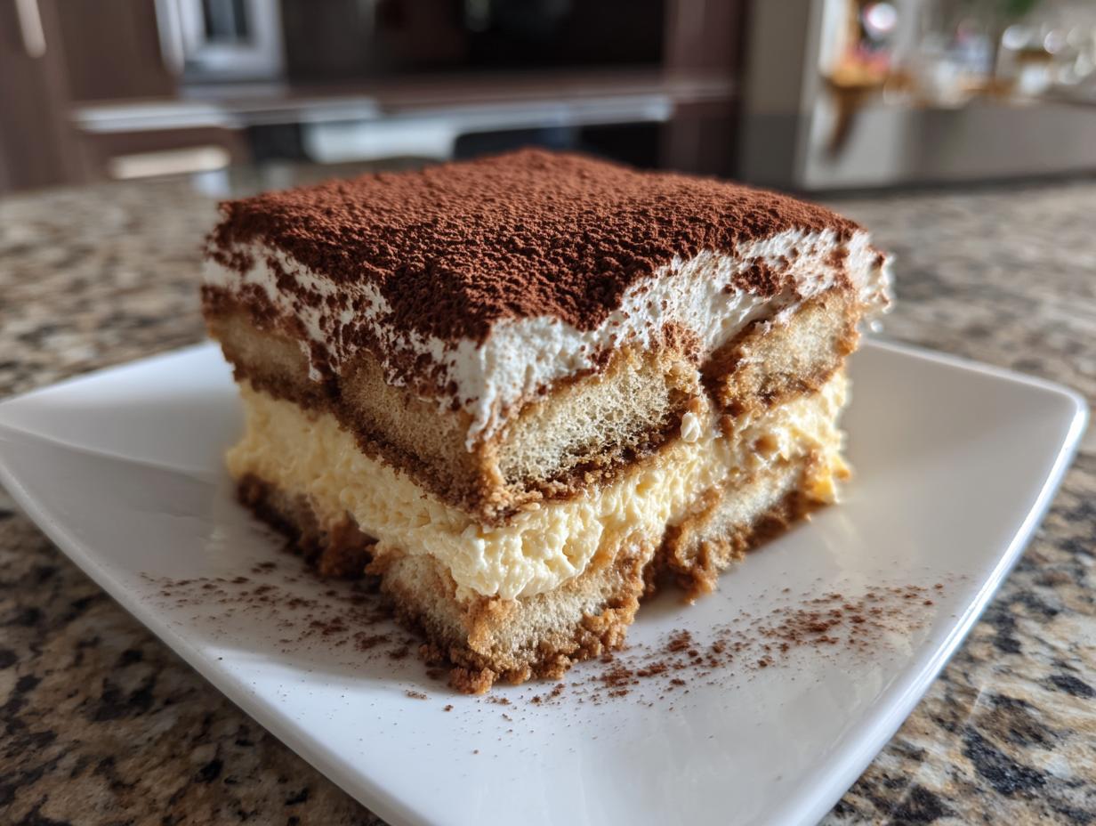 Close-up of a layered slice of tiramisu recipe dessert dusted heavily with cocoa powder on a white plate.