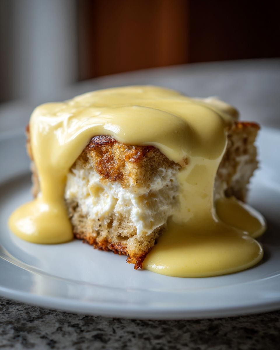 Close-up of a square serving of eggs benedict casserole topped generously with rich, yellow hollandaise sauce.