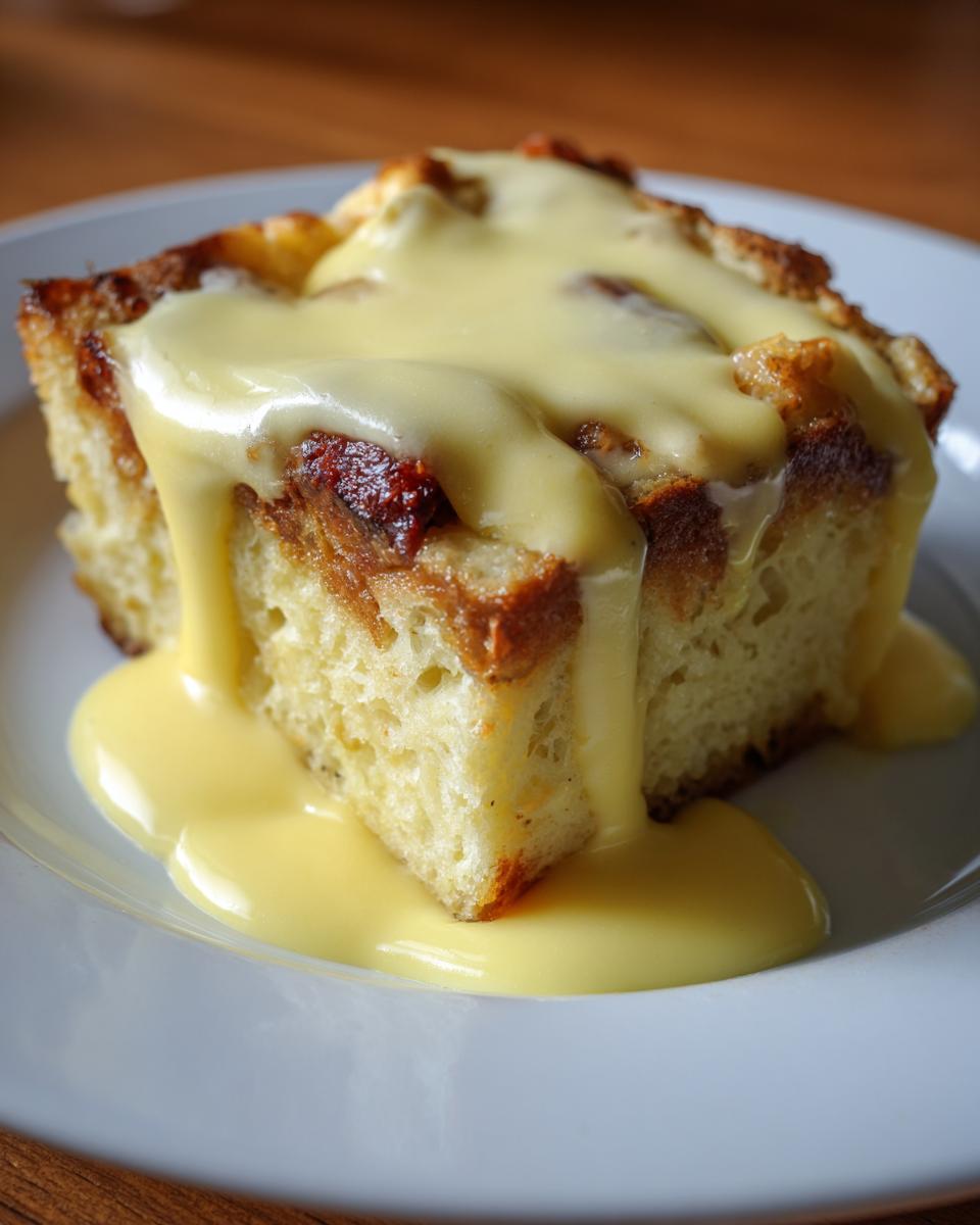 A square serving of eggs benedict casserole topped generously with creamy hollandaise sauce.
