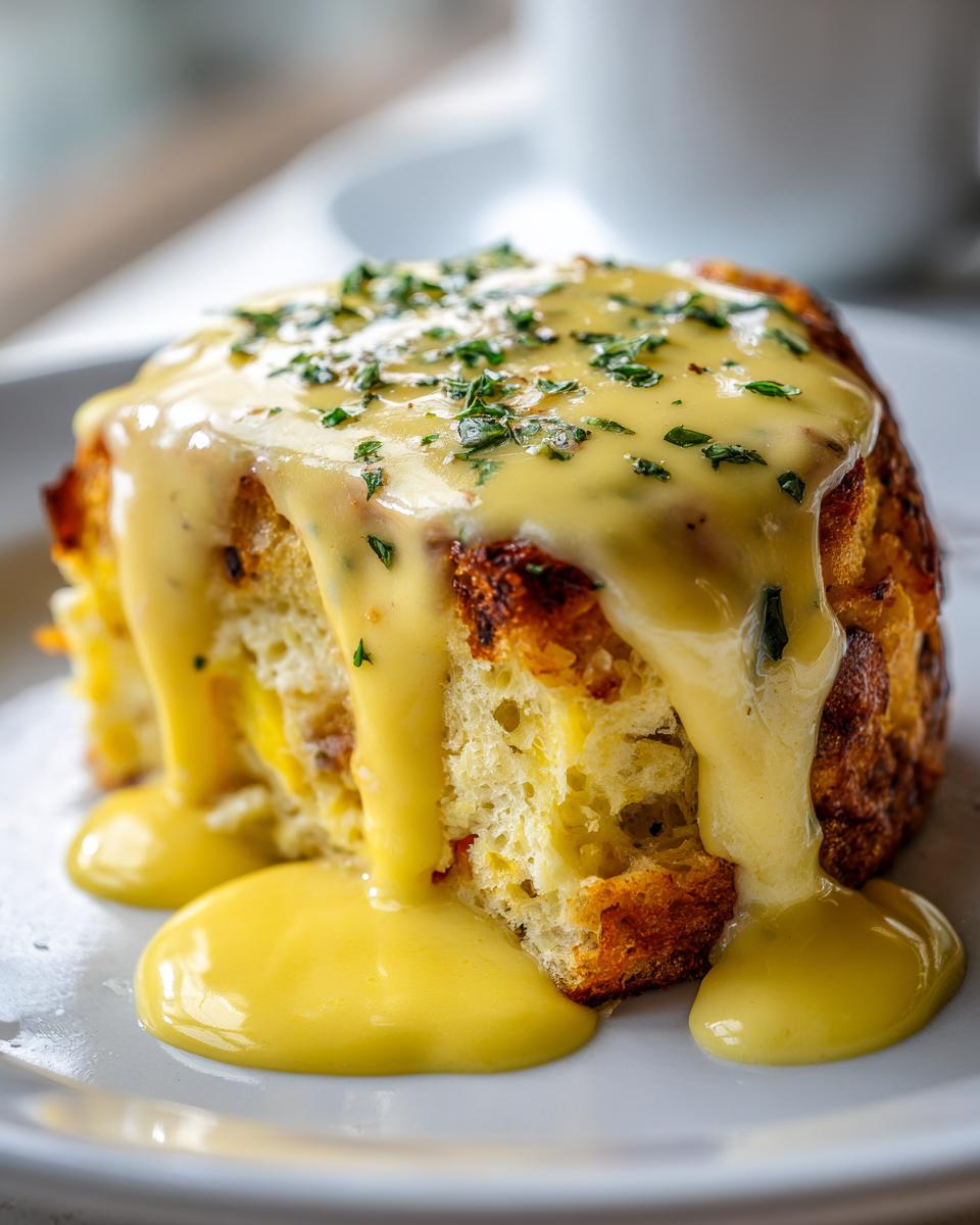 A close-up of a square serving of eggs benedict casserole topped generously with rich, yellow hollandaise sauce and chopped parsley.