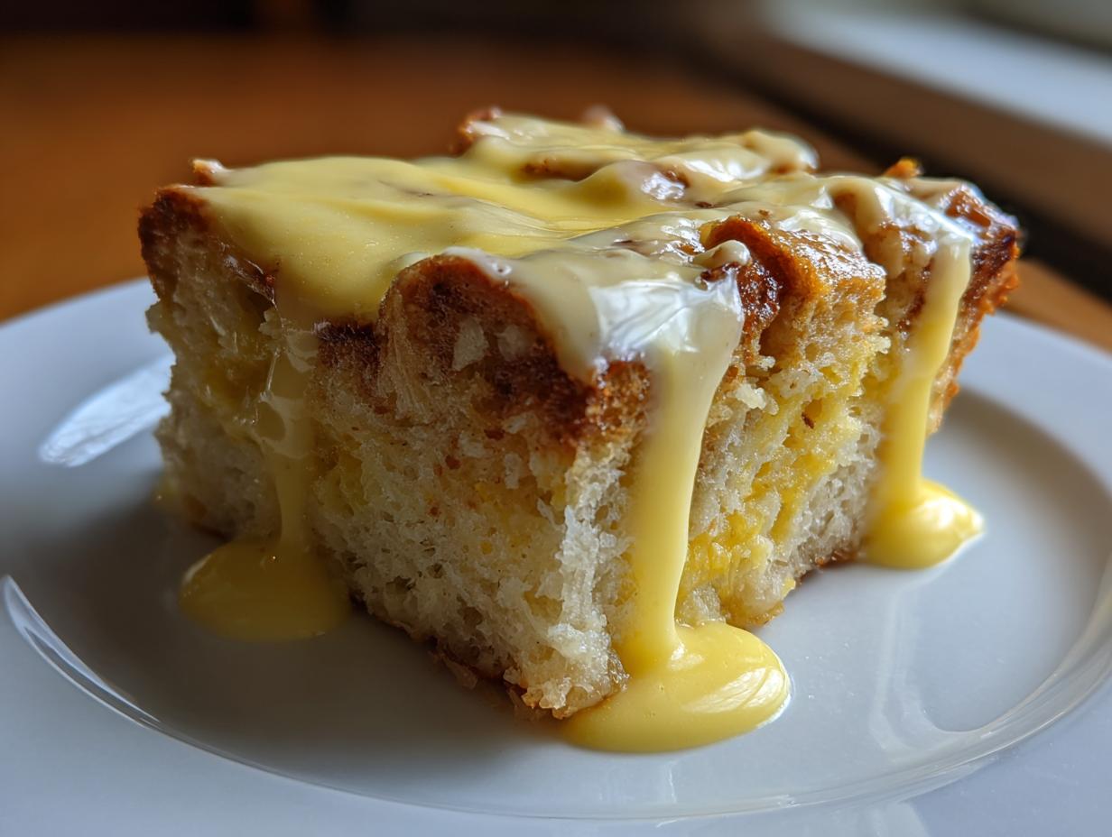 A close-up of a square slice of eggs benedict casserole topped generously with dripping hollandaise sauce.