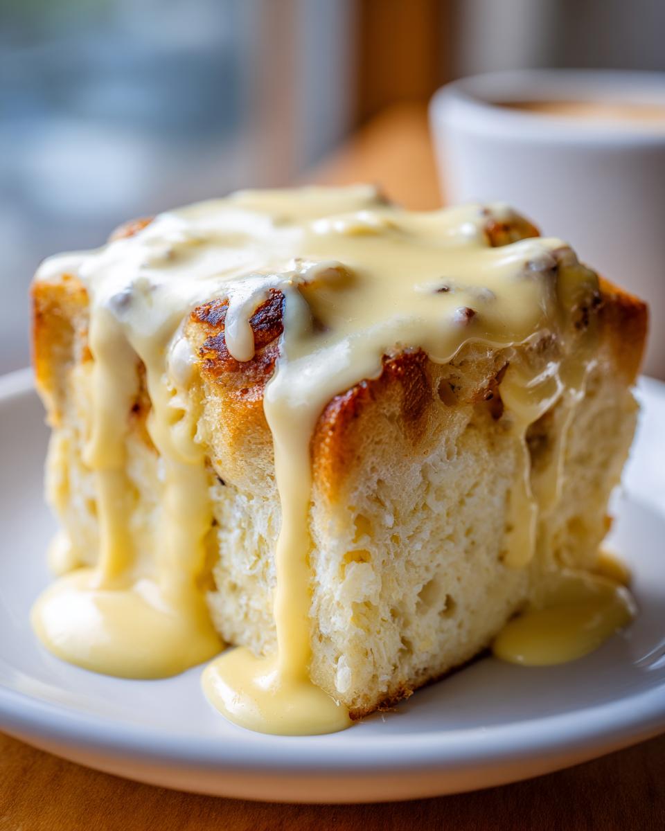 A close-up of a square serving of eggs benedict casserole topped generously with creamy hollandaise sauce.