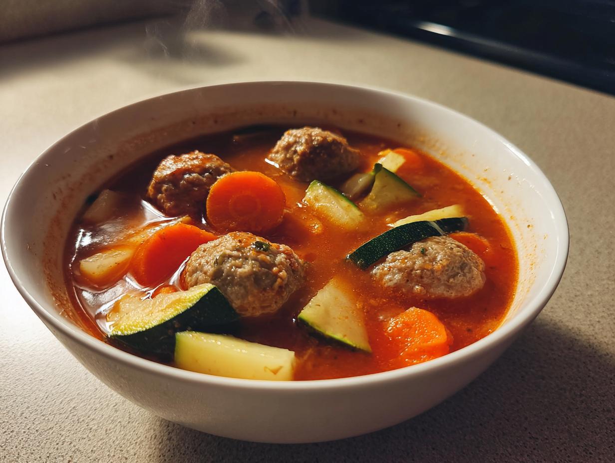 A close-up of a white bowl filled with hot albondigas soup, featuring meatballs, carrots, and zucchini pieces.