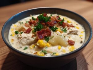 Close-up of a creamy bowl of chicken corn chowder topped with crumbled bacon and fresh parsley.