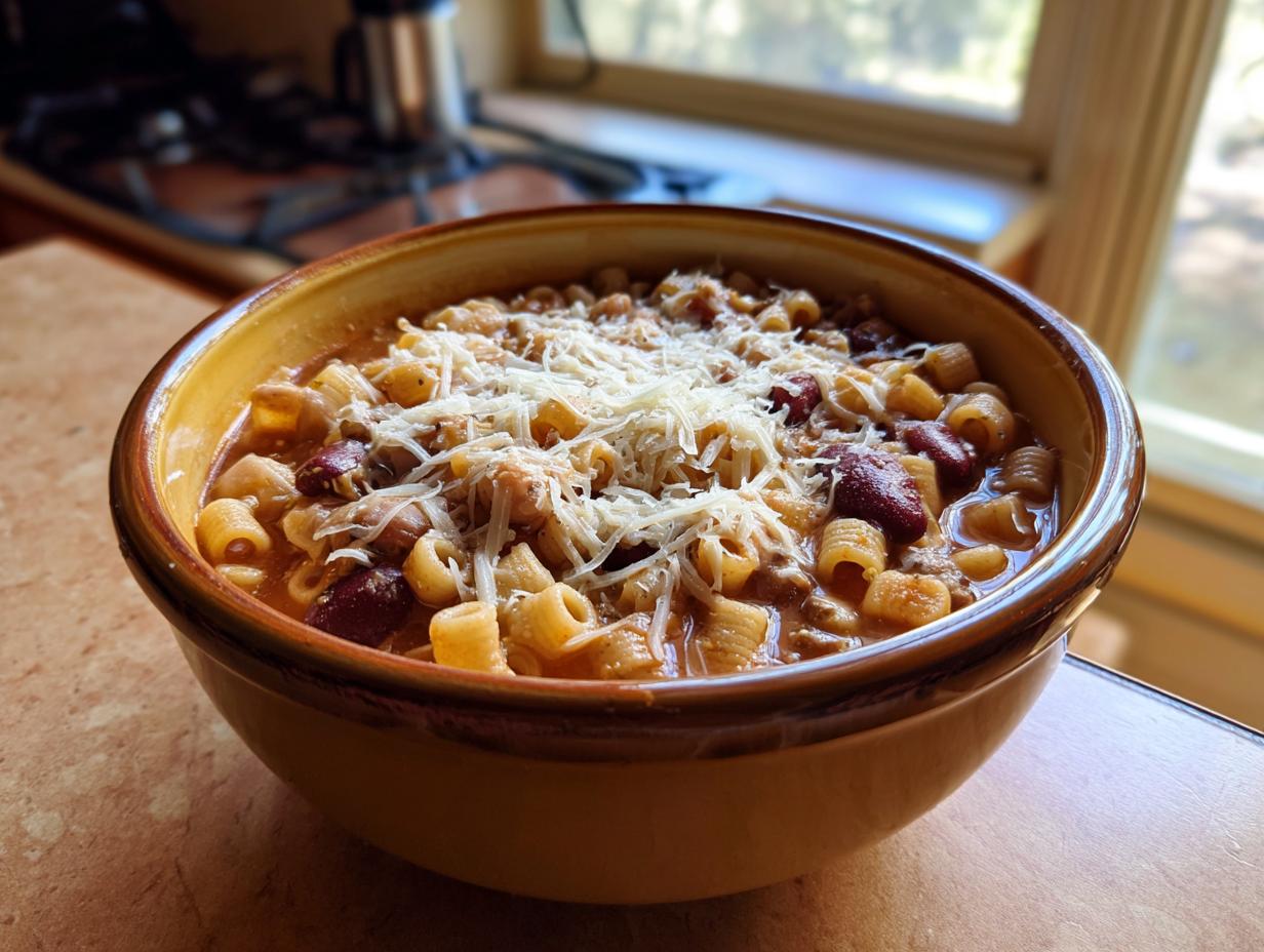 A close-up of a warm bowl of pasta e fagioli soup, featuring ditalini pasta, beans, and shredded Parmesan cheese.