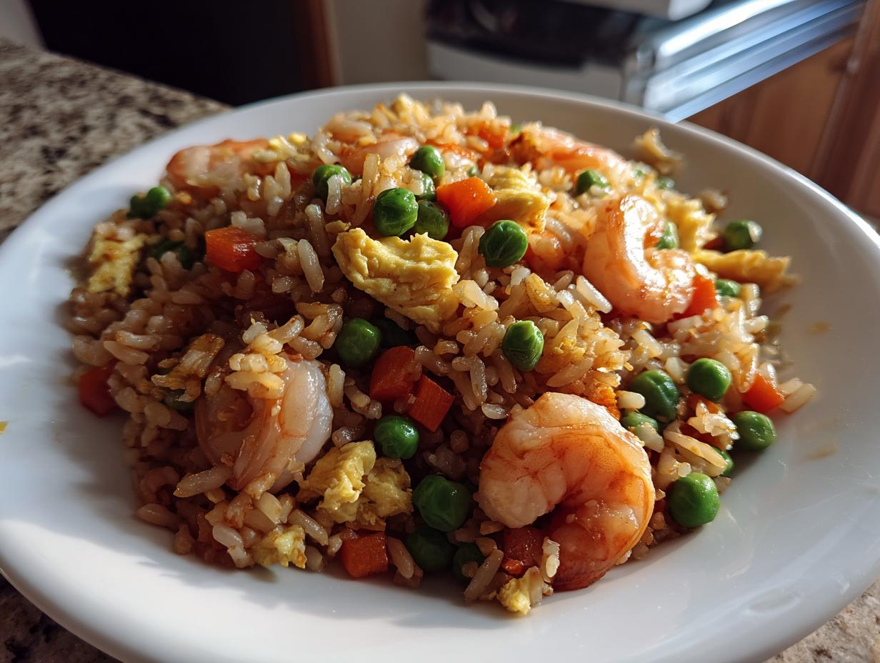 A close-up, featured image of homemade shrimp fried rice with visible shrimp, peas, carrots, and scrambled egg pieces.