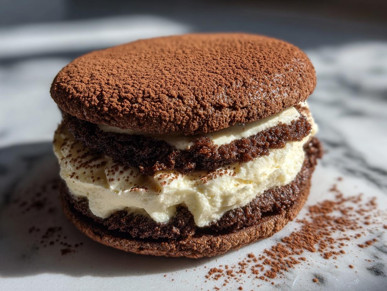 A decadent, layered tiramisu cookies sandwich filled with creamy mascarpone filling and dusted heavily with cocoa powder.