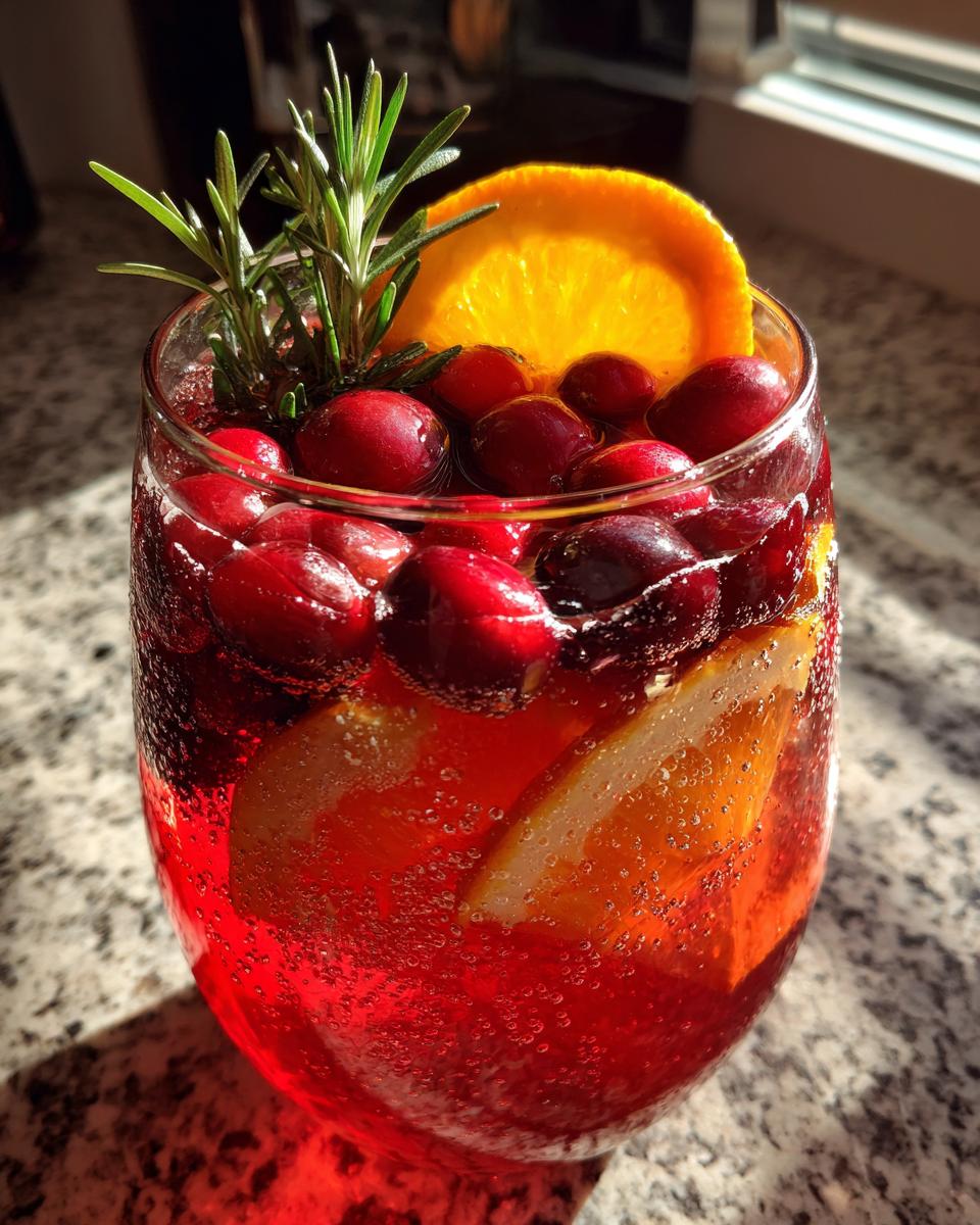 Close-up of a festive non-alcoholic christmas punch garnished with fresh cranberries, orange slices, and rosemary.