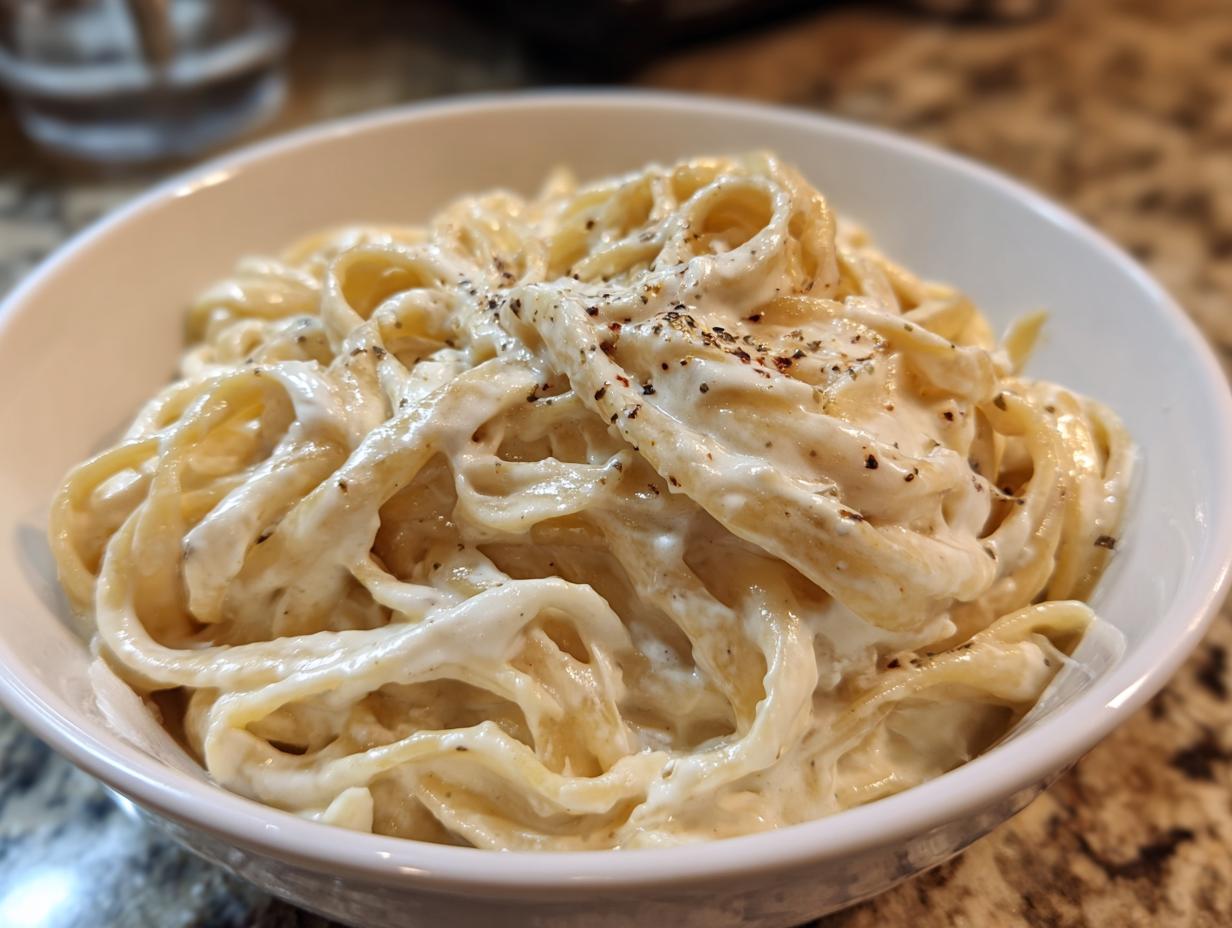 Close-up of fettuccine pasta generously coated in rich homemade alfredo sauce and topped with cracked black pepper.