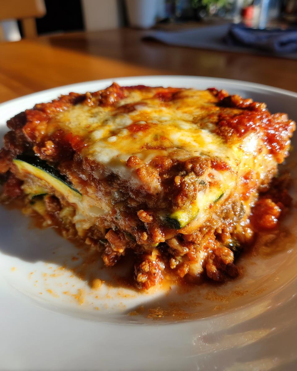 A close-up, sunlit serving of zucchini lasagna showing layers of meat sauce, cheese, and zucchini noodles.