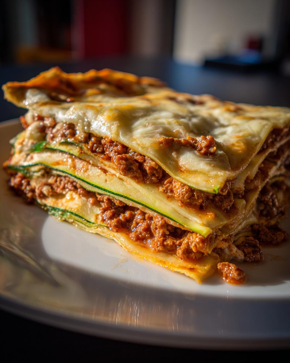 A close-up of a perfectly layered slice of zucchini lasagna featuring thin zucchini strips instead of pasta, rich meat sauce, and melted cheese.