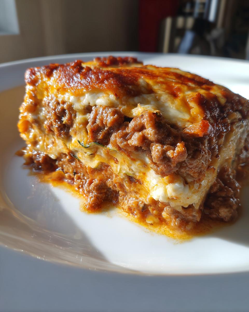 A hearty slice of zucchini lasagna featuring layers of meat sauce and ricotta cheese, holding its shape well.