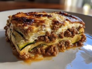 Close-up of a thick slice of zucchini lasagna showing layers of meat sauce, ricotta, and browned cheese topping.