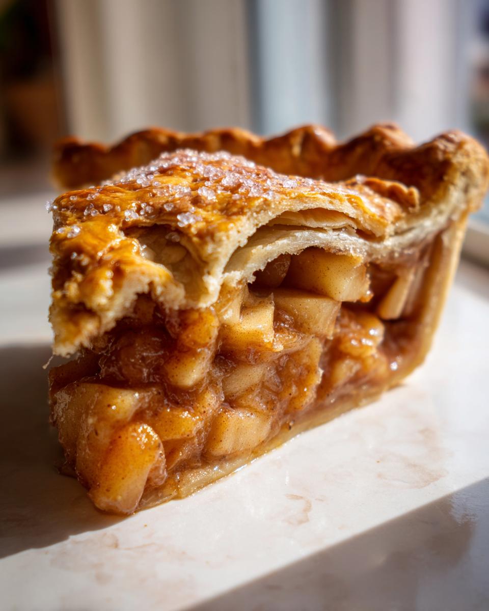 A close-up, side view of a thick slice of best apple pie showing flaky crust and chunky cinnamon-spiced apple filling.