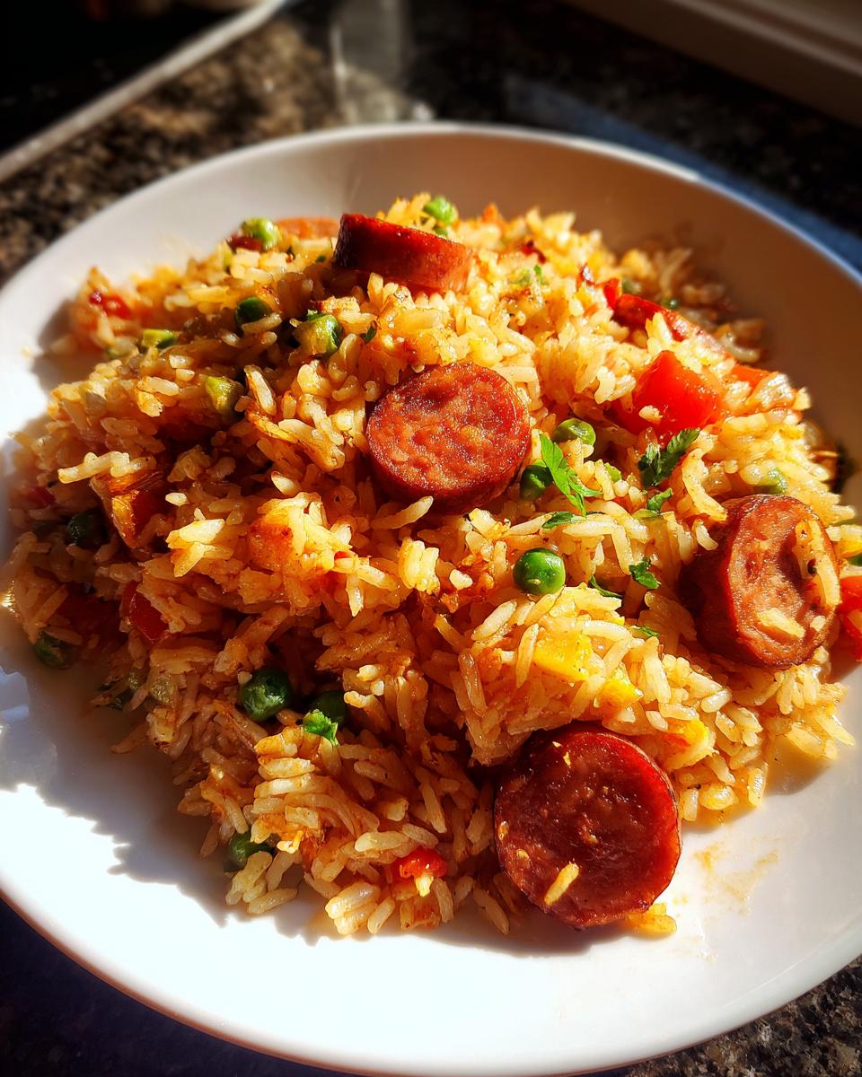 Close-up of a bowl filled with flavorful sausage and rice mixed with peas and peppers, brightly lit.