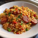 Close-up of a hearty bowl of flavorful sausage and rice mixed with peppers and peas, garnished with parsley.