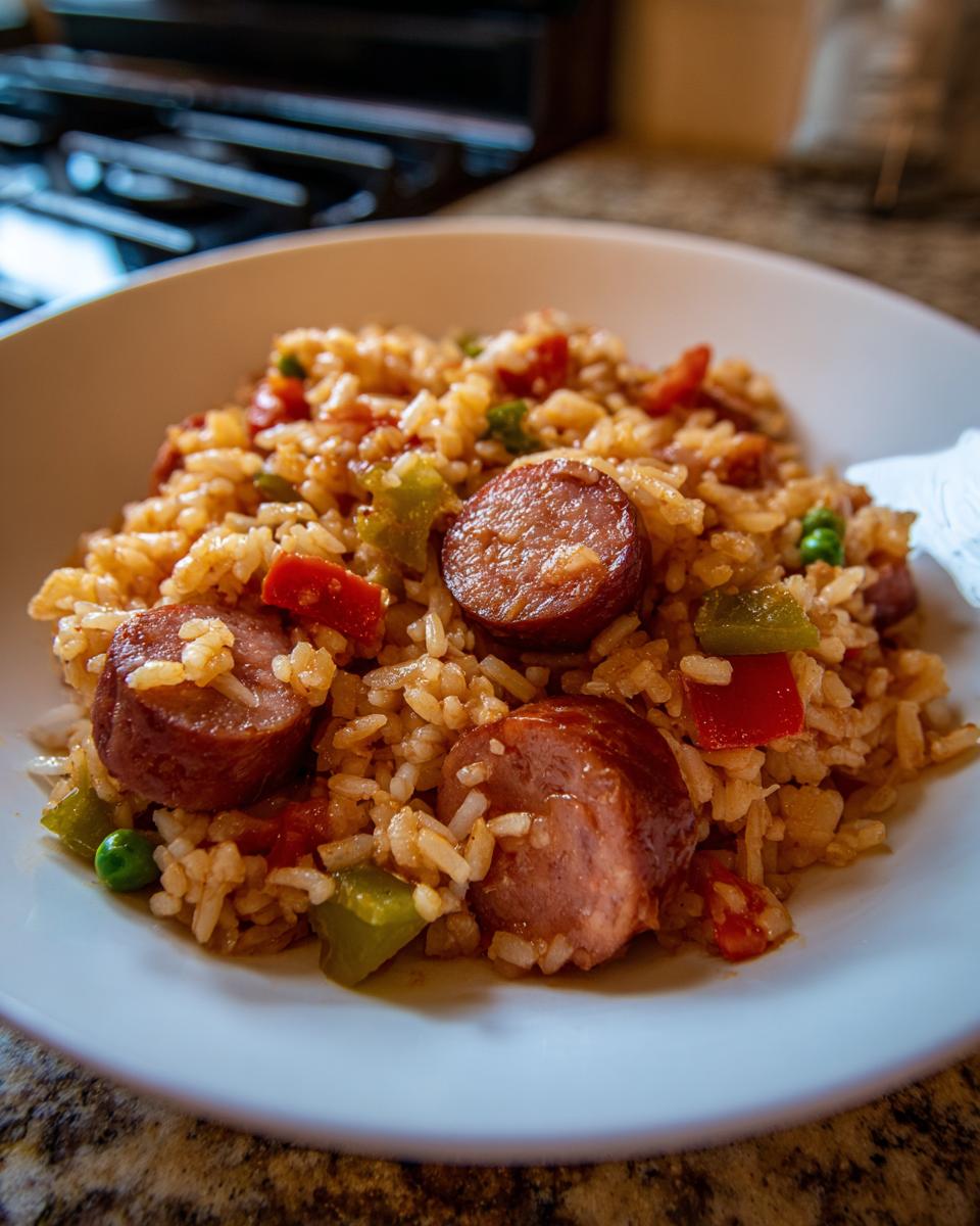 Close-up of a hearty bowl of sausage and rice mixed with diced peppers and peas.