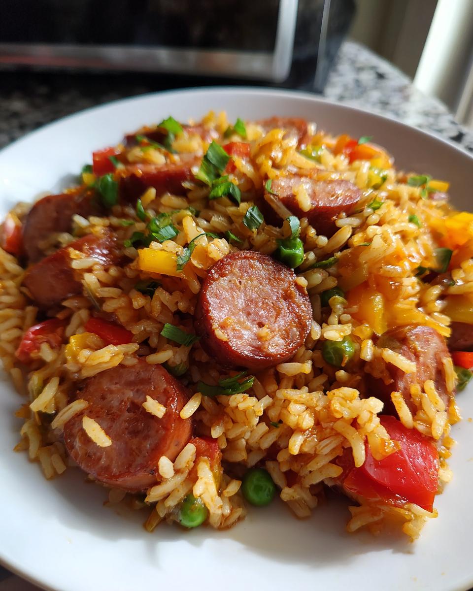A close-up of a white bowl filled with flavorful sausage and rice mixed with colorful bell peppers and peas.