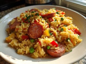 Close-up of a bowl filled with flavorful sausage and rice mixed with colorful peppers and peas, garnished with parsley.