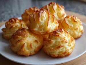 A close-up of several golden-brown, piped Duchess potatoes stacked on a white plate.