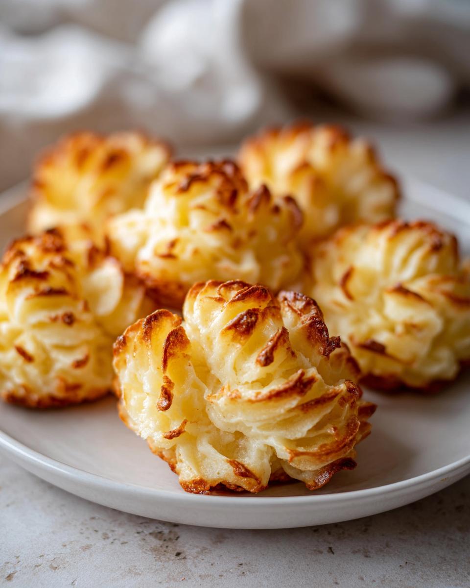 A close-up of several golden-brown, piped Duchess potatoes arranged on a white plate.