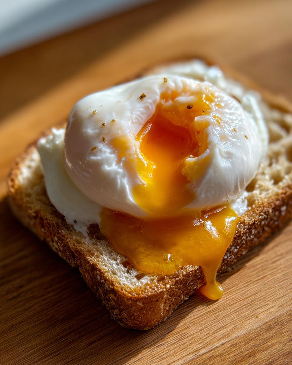 Close-up of a perfectly poached eggs with a runny yolk spilling onto a slice of toast.