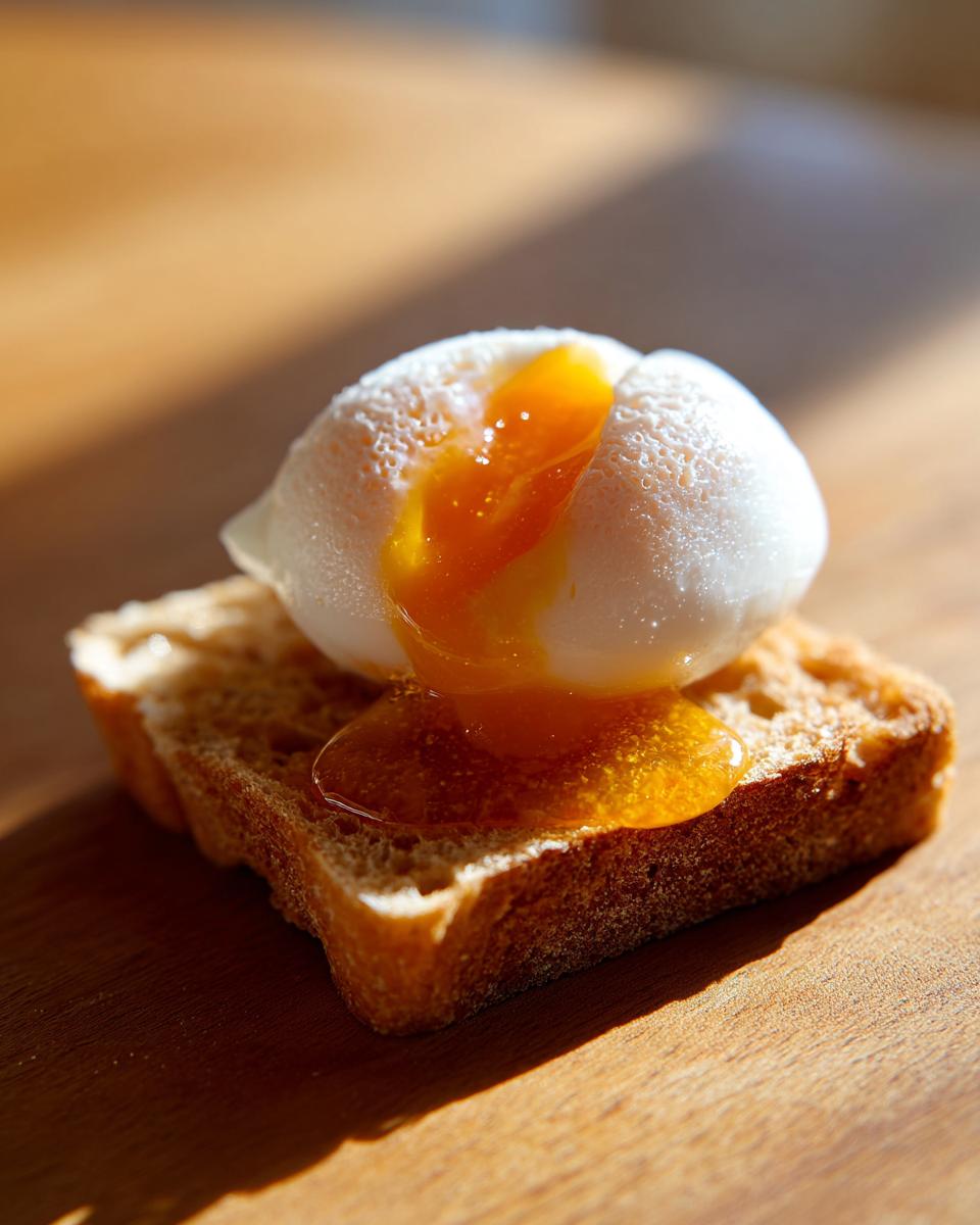 A perfectly formed poached eggs with a bright orange, runny yolk spilling onto a slice of toasted bread.
