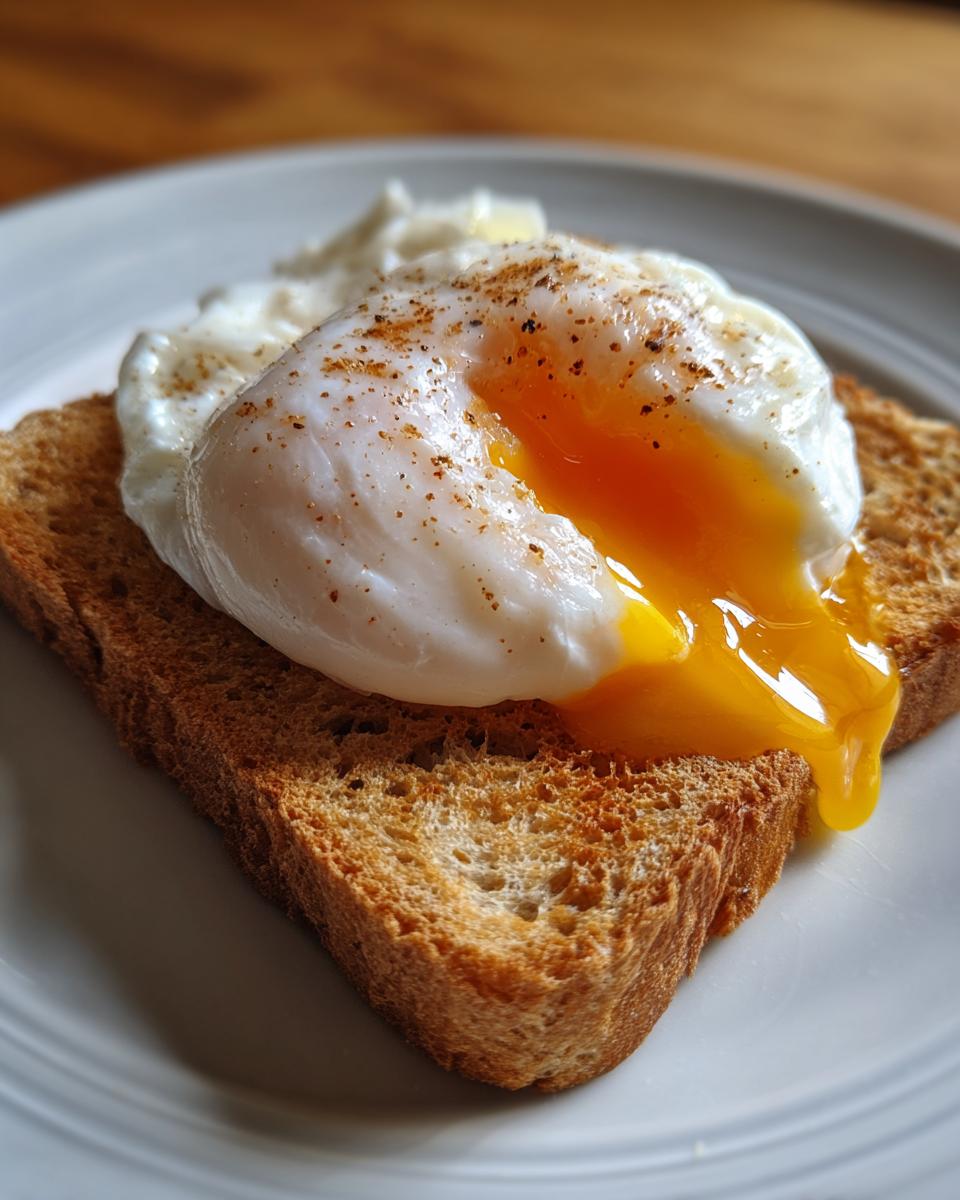 Close-up of a perfectly cooked poached eggs with a runny yolk spilling onto a slice of toasted bread.
