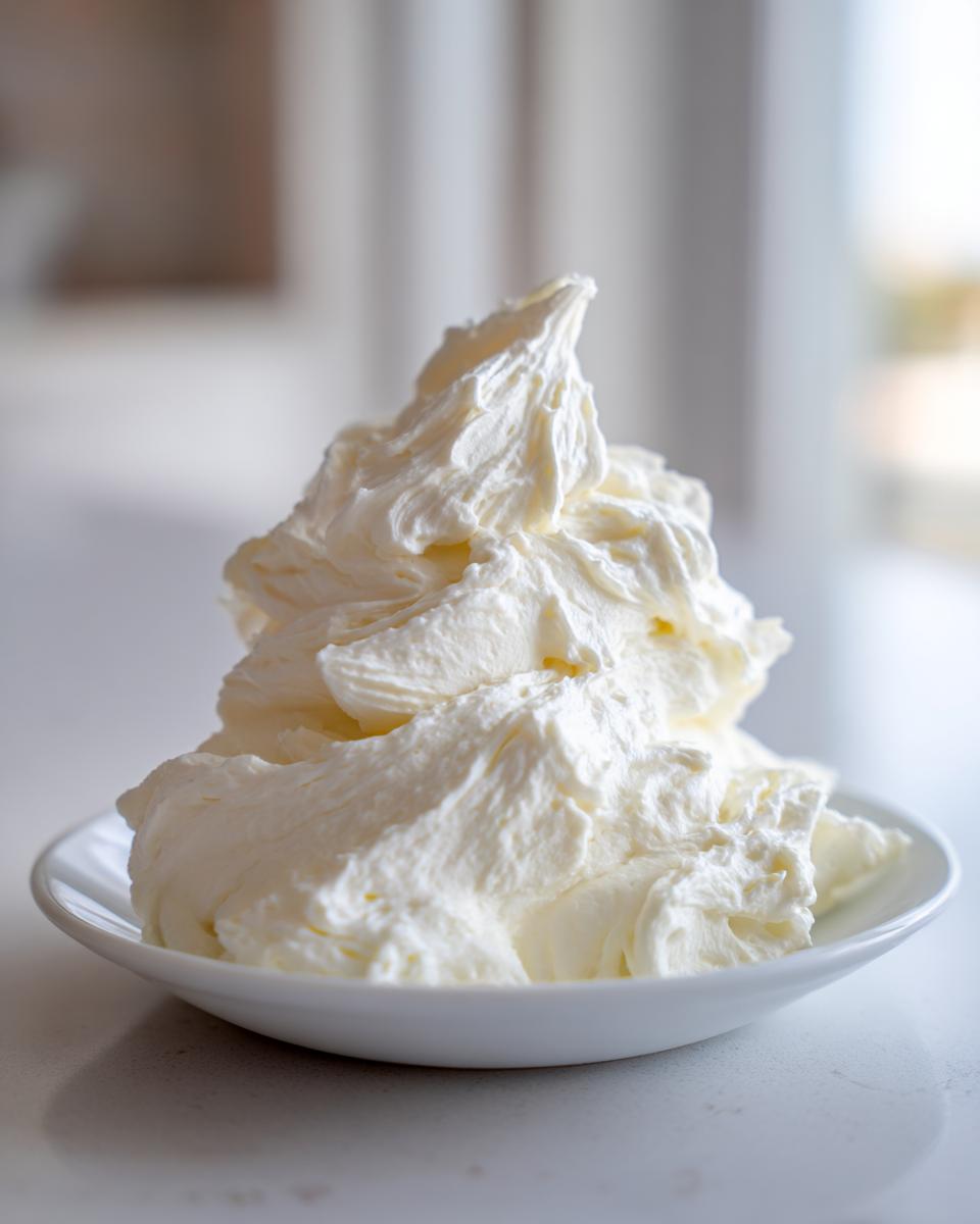 A tall, fluffy mound of bright white vanilla buttercream frosting served in a small white bowl.