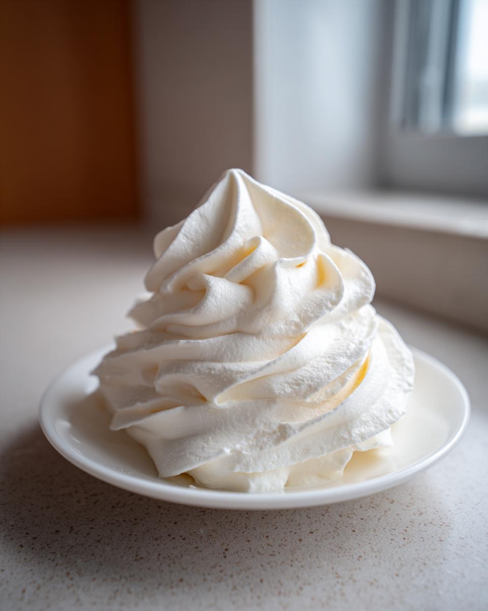 A tall, perfectly piped swirl of light, fluffy vanilla buttercream frosting on a small white saucer.