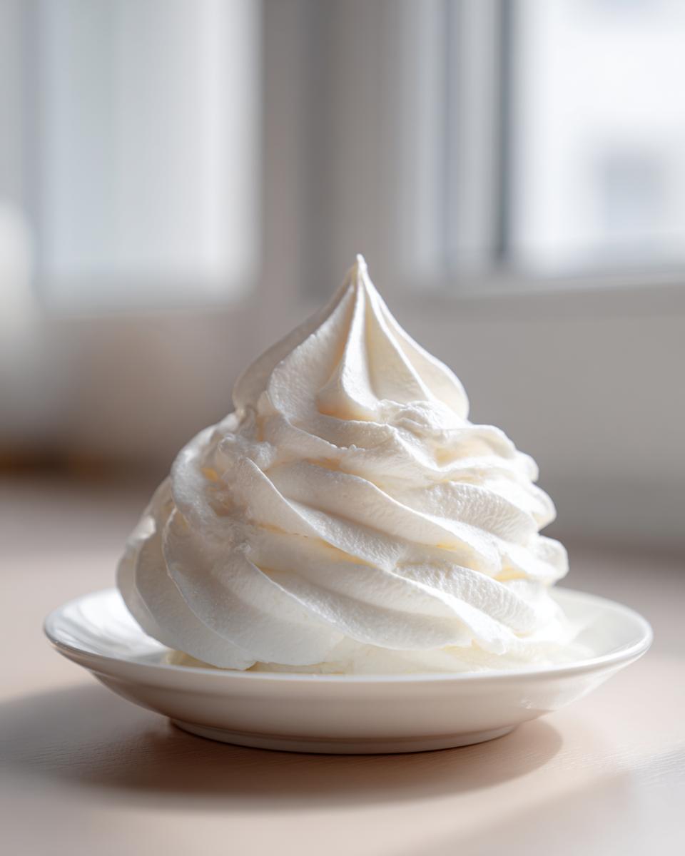 A tall, perfectly piped swirl of white vanilla buttercream frosting sitting on a small white saucer.