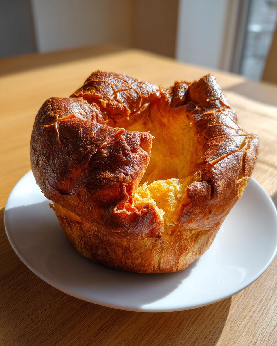 A single, tall, golden-brown yorkshire pudding with a crisp, cracked top sitting on a white plate.