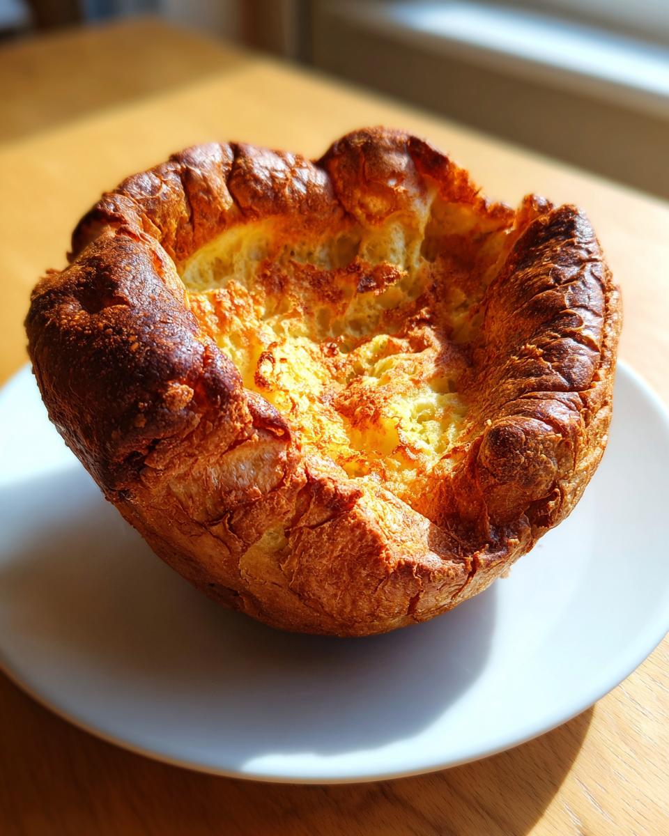 A single, tall, golden-brown yorkshire pudding with a deep well, sitting on a white plate.