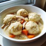 A close-up of a white bowl filled with creamy chicken and dumplings, featuring fluffy dumplings and sliced carrots.