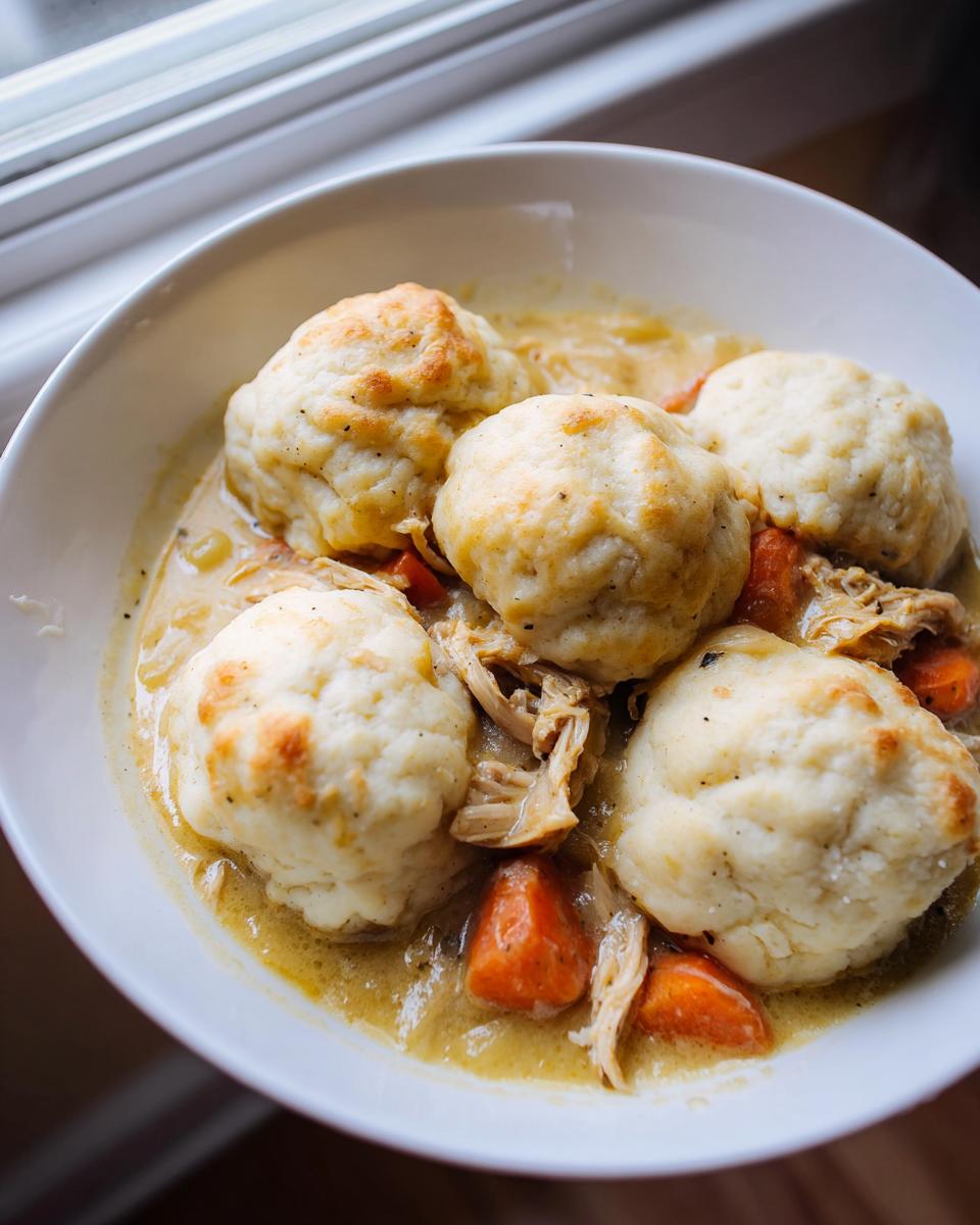 Close-up of fluffy dumplings atop shredded chicken and carrots in a creamy broth for chicken and dumplings.