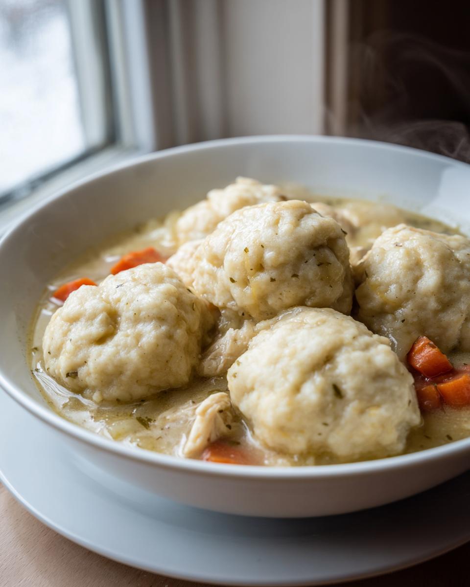Close-up of a bowl of steaming chicken and dumplings with carrots in a creamy broth.