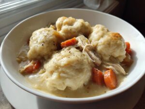 Close-up of fluffy dumplings, shredded chicken, and carrots in a creamy broth for chicken and dumplings.
