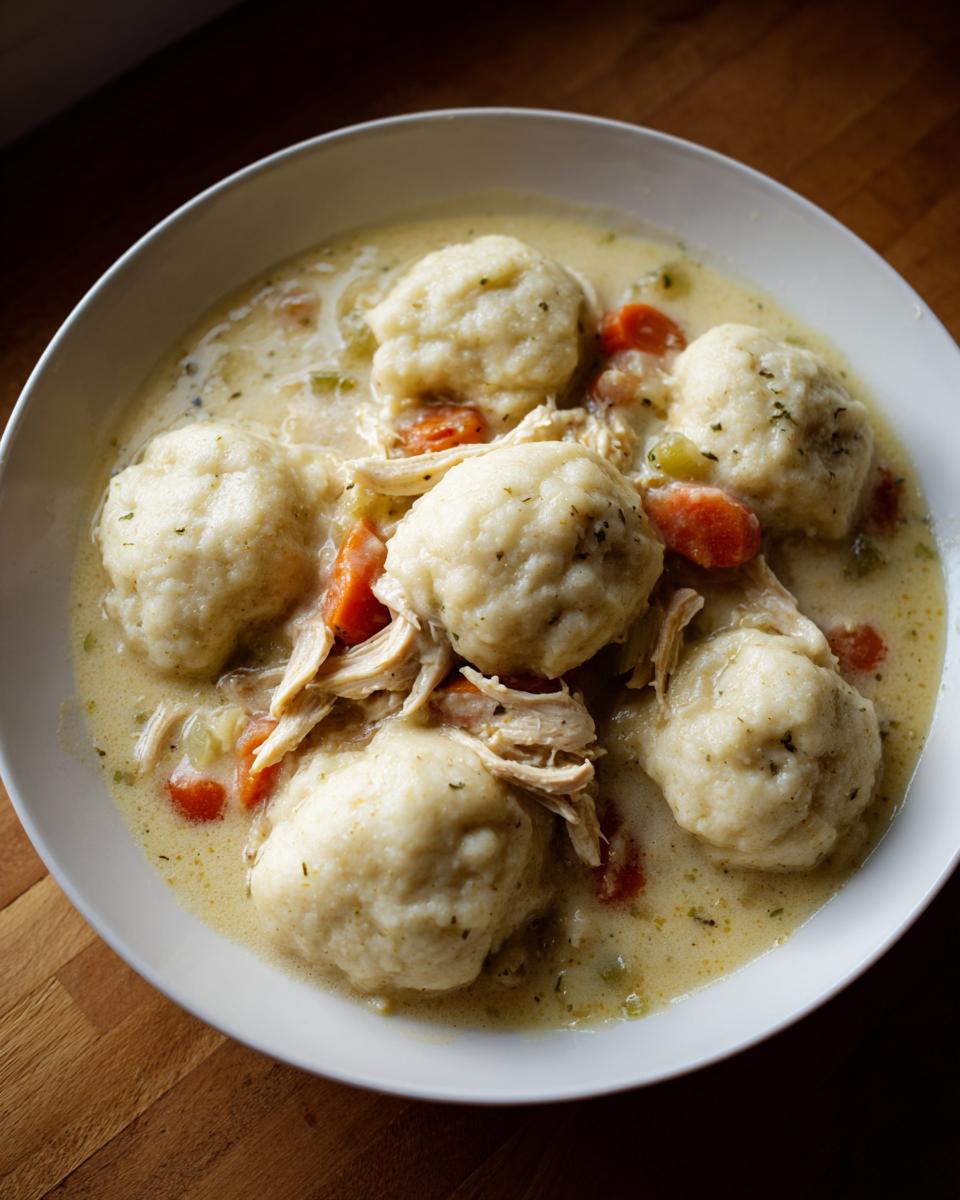 A white bowl filled with creamy chicken and dumplings, featuring fluffy dumplings, shredded chicken, and carrots.