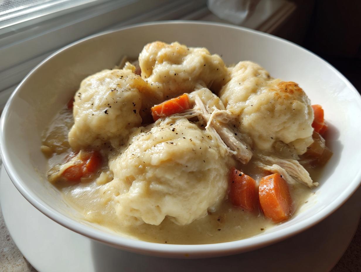 Close-up of fluffy dumplings, shredded chicken, and carrots in a creamy broth for chicken and dumplings.