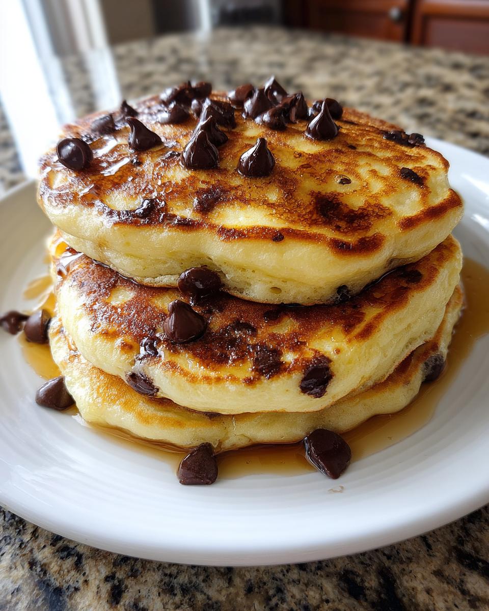 A stack of three fluffy chocolate chip pancakes drizzled with syrup and topped with chocolate chips.