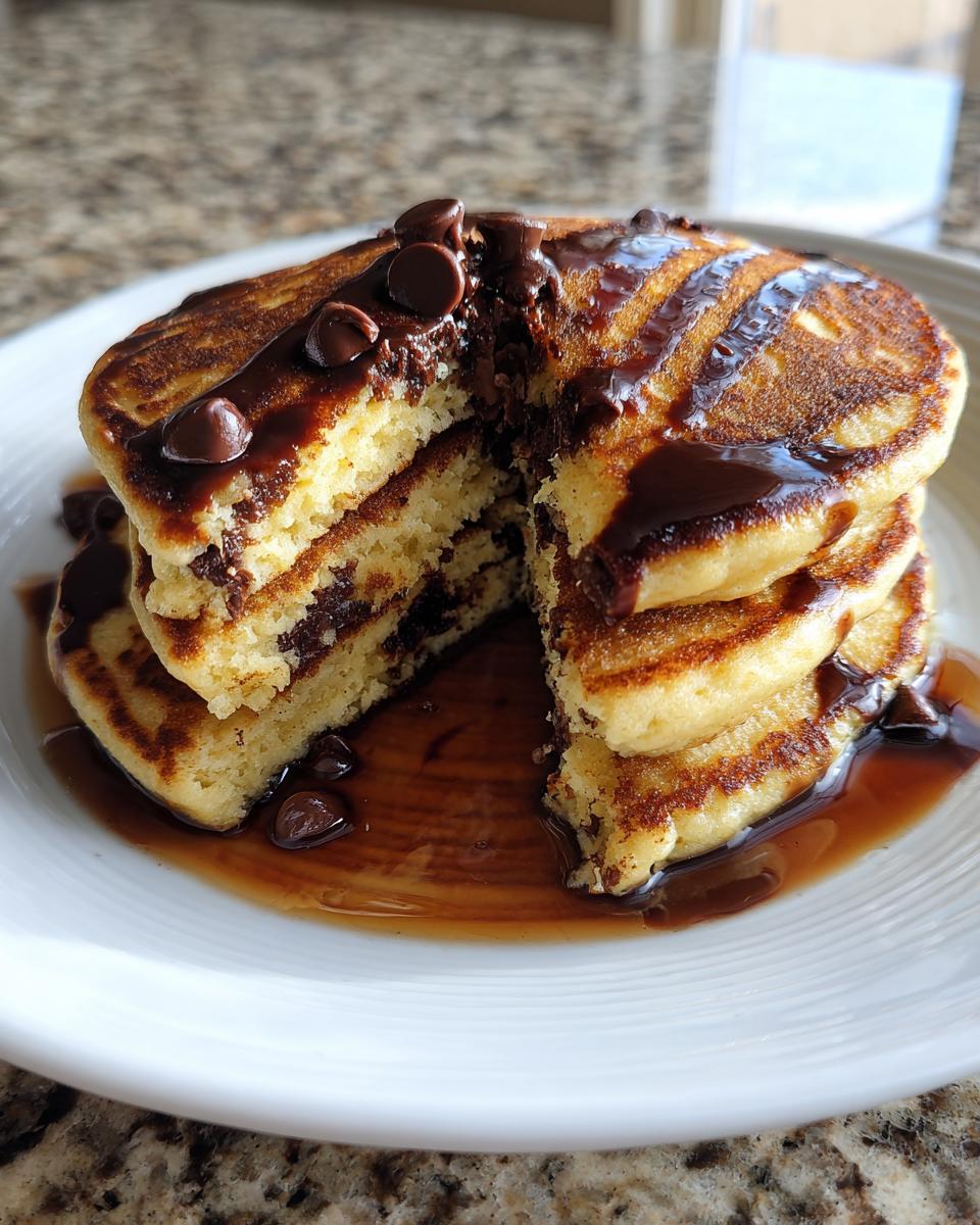 A stack of fluffy chocolate chip pancakes cut open, drizzled with chocolate syrup and topped with chips.